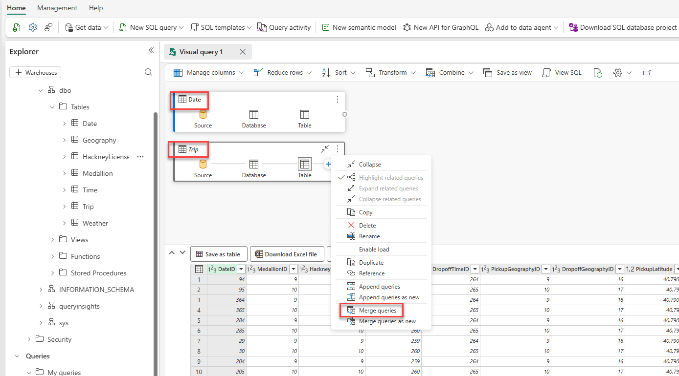 Captura de pantalla del lienzo del editor de consultas visuales con dos tablas y la opción Combinar consultas resaltadas en el menú contextual.