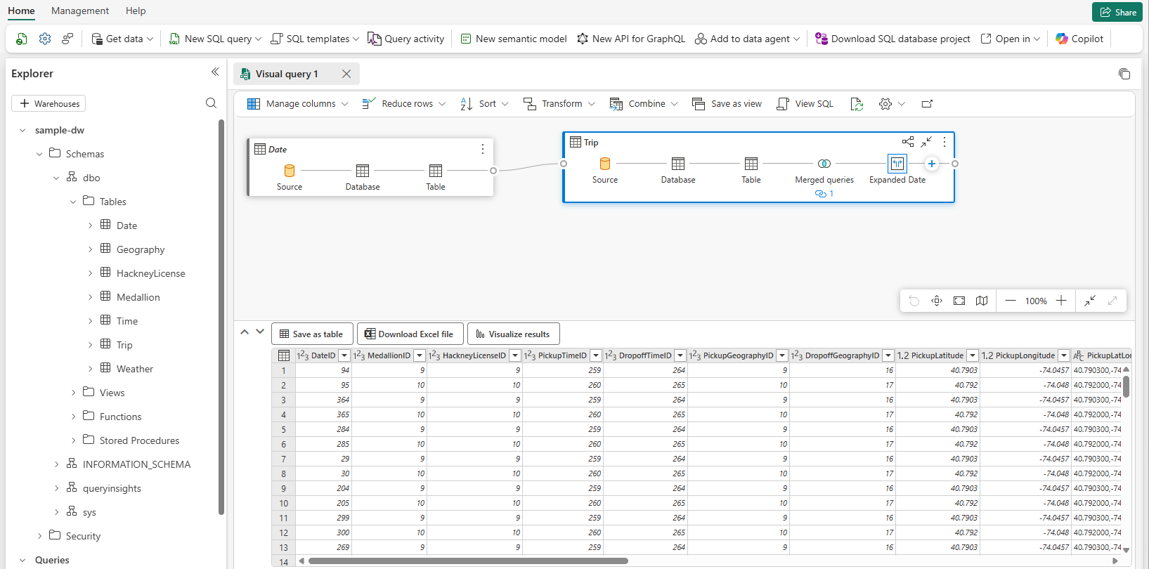Captura de pantalla del editor de consultas visuales que muestra dos tablas unidas en el lienzo con los resultados de la consulta mostrados en el panel siguiente, incluido Guardar como tabla, Descargar archivo Excel y Visualizar opciones de resultados.