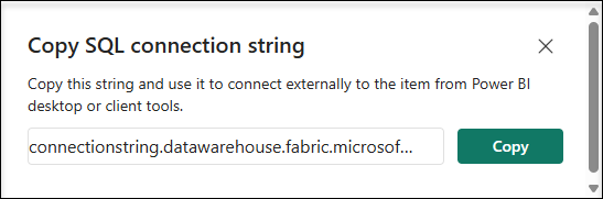 Captura de pantalla que muestra el cuadro de diálogo de la cadena de conexión SQL con un botón para Copiar.