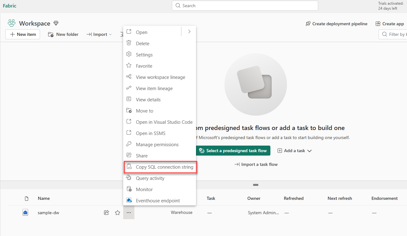 Captura de pantalla que muestra el menú Más opciones en un almacén, con la cadena de conexión SQL Copiar resaltada.