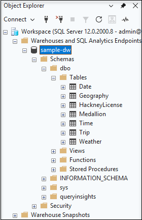Captura de pantalla que muestra el almacén de datos sample-dw conectado en el Explorador de Objetos de SSMS con tablas y vistas visibles.