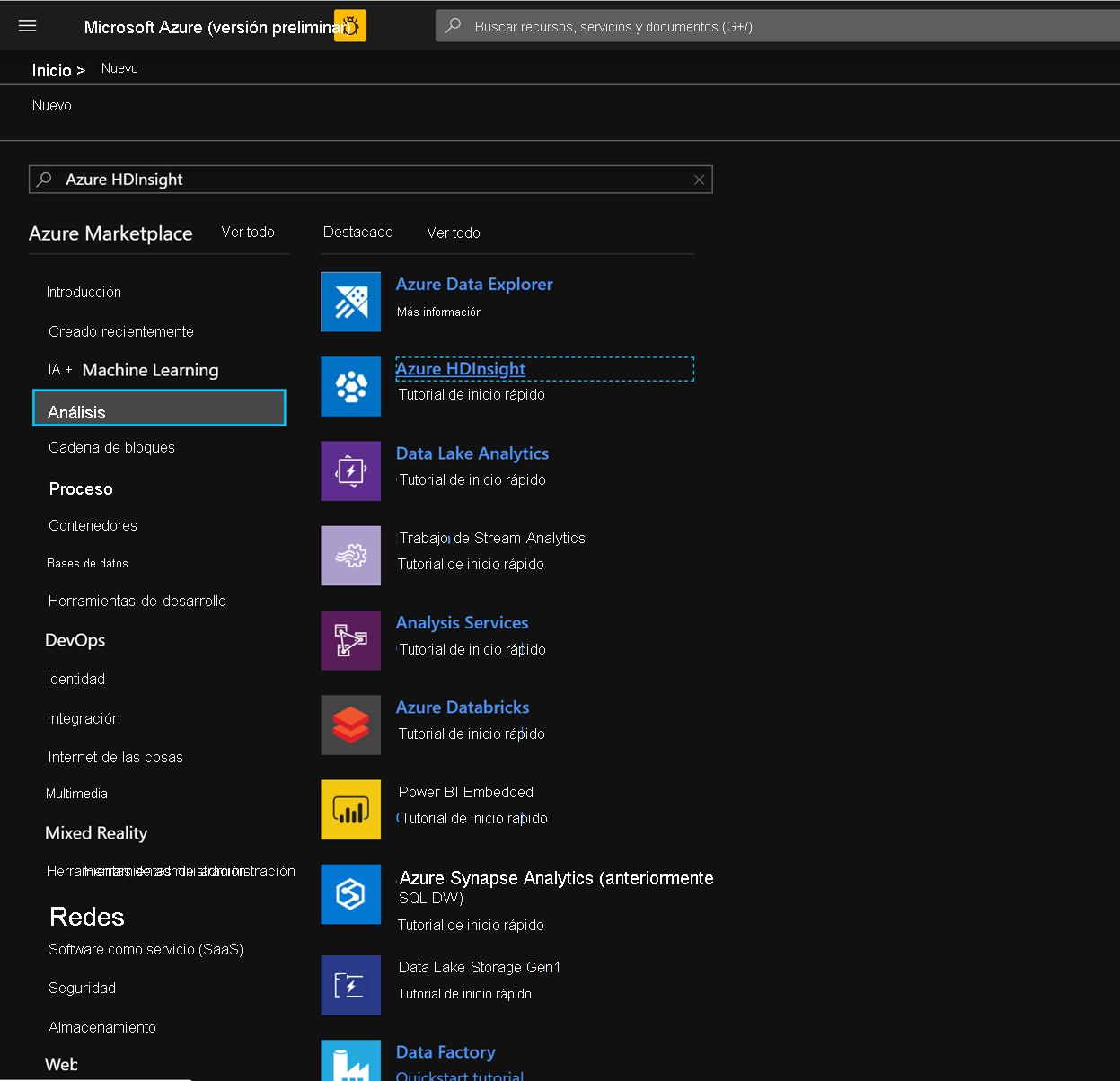 Azure HDInsight in the Azure Portal.