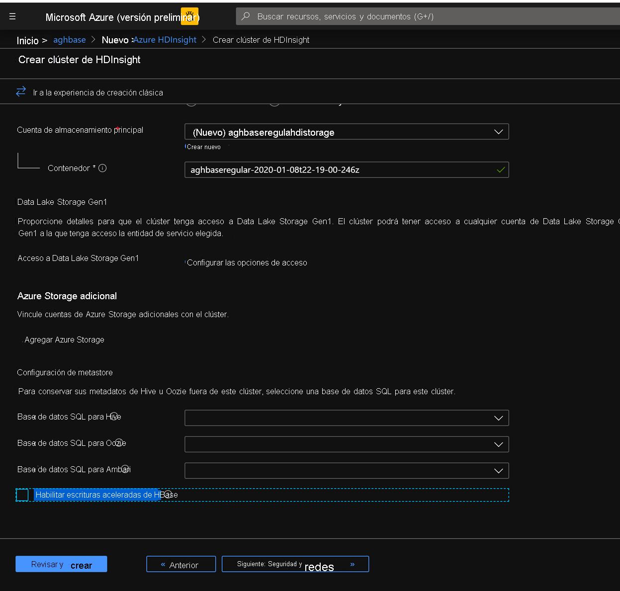 Screenshot shows Enable Accelerated Writes checkbox unchecked, in the Create H D Insight cluster page.