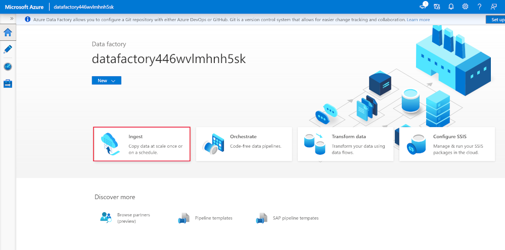A screenshot of Azure Data Factory and selecting ingest.