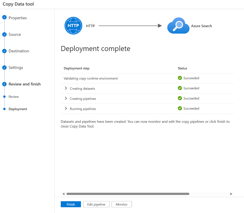 A screenshot showing the pipeline deployment complete.