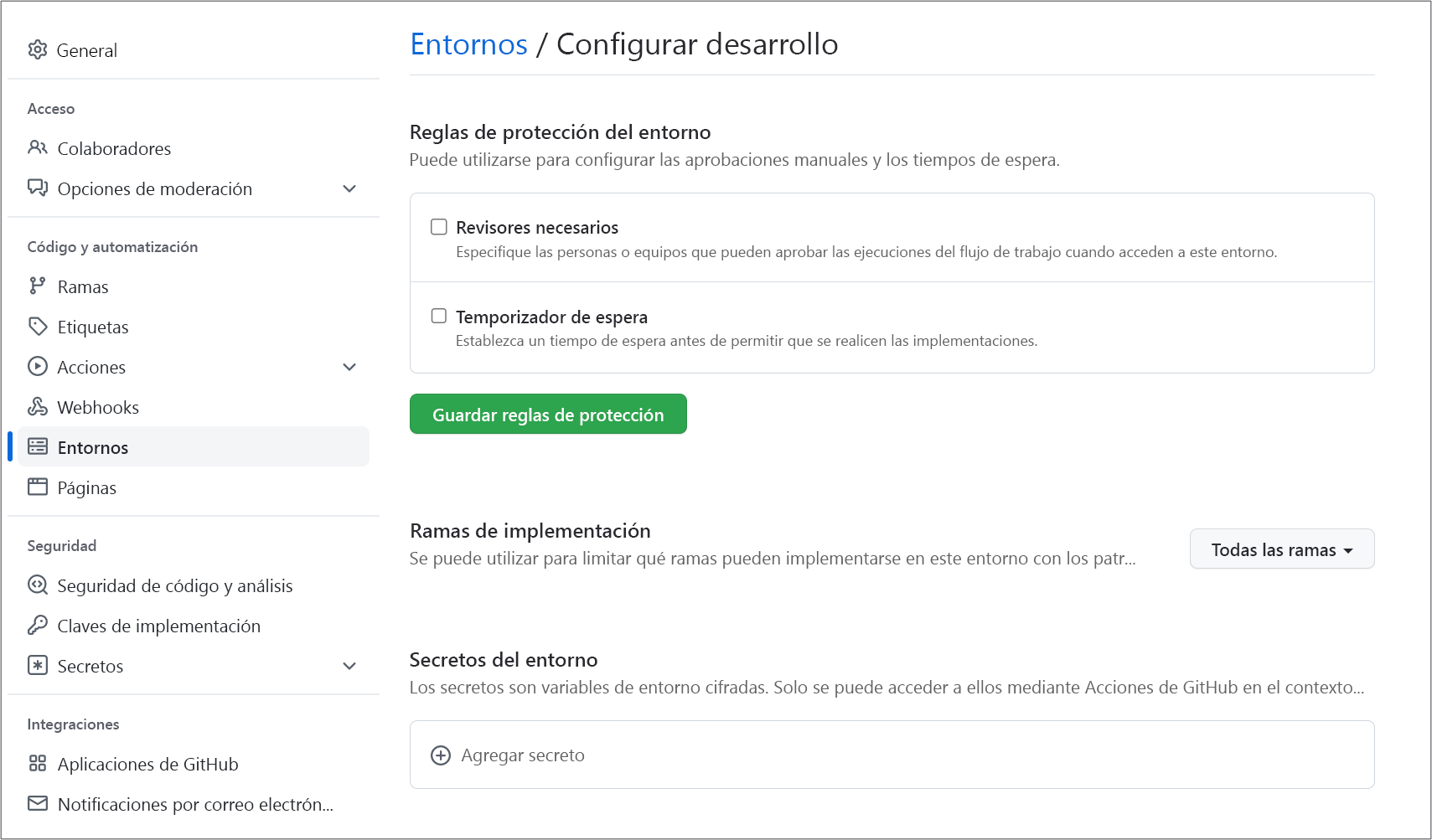 Captura de pantalla de la configuración de un entorno en GitHub.