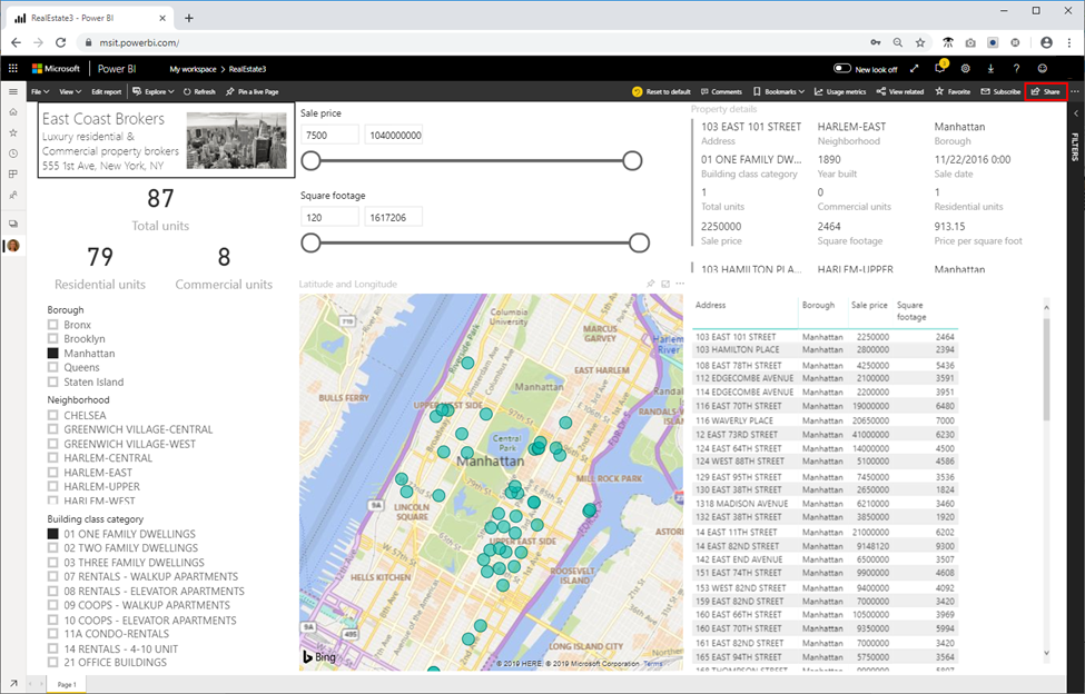 Opción para compartir un panel de Power BI