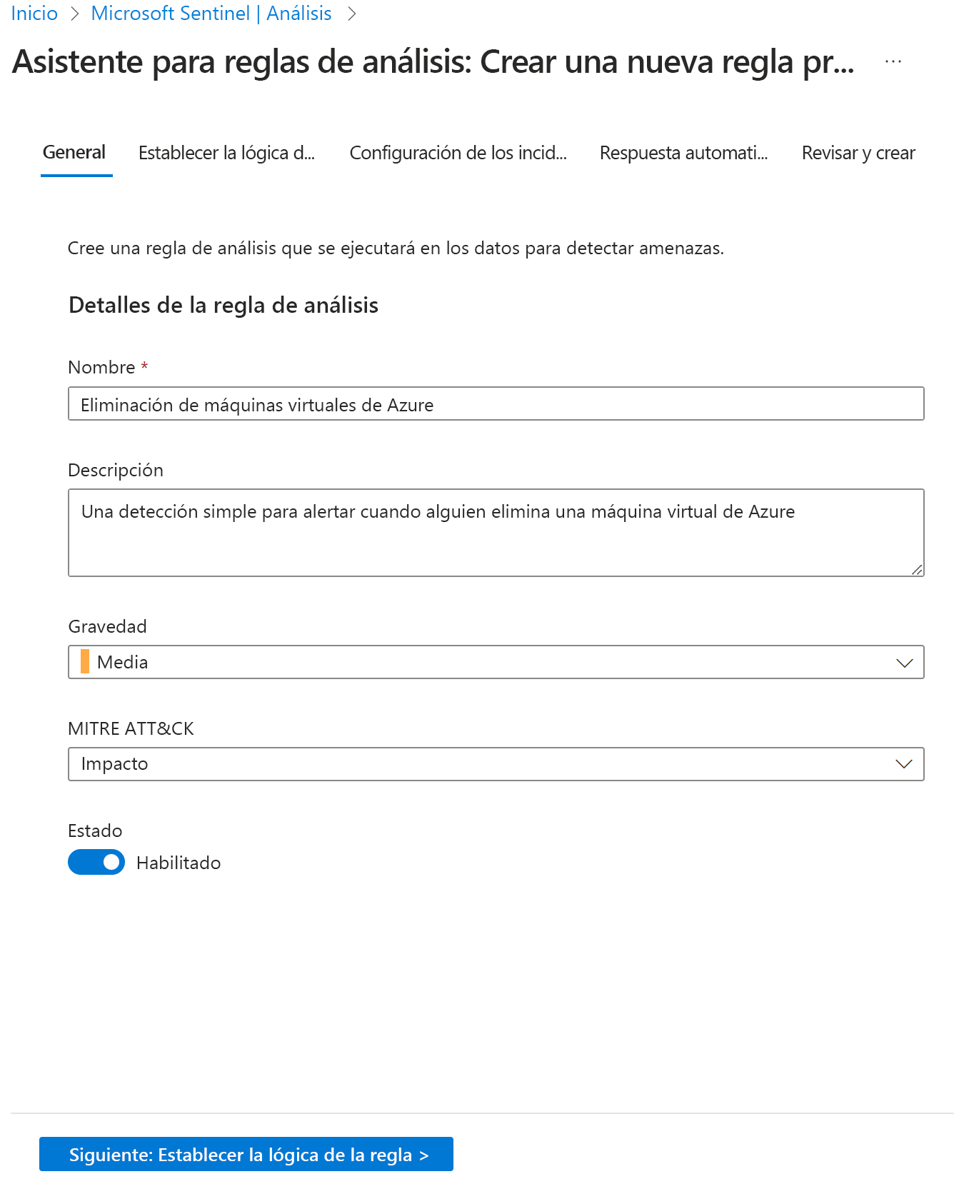 Captura de pantalla del Asistente para reglas de análisis: Crear regla.