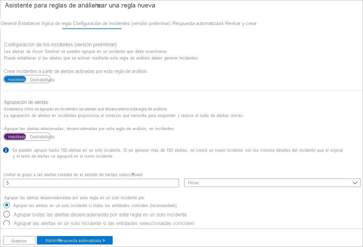 Captura de pantalla de la configuración de análisis de incidentes