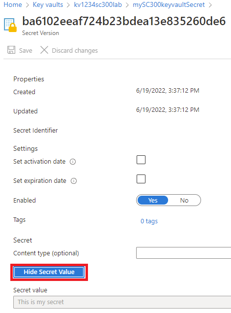 Captura de pantalla de Azure Key Vault, con un secreto abierto y el valor mostrar secreto seleccionado. El valor se puede leer o copiar como texto sin formato.