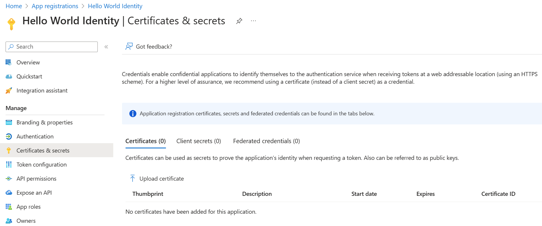Captura de pantalla de Azure Portal que muestra el panel Certificados y secretos en el registro de aplicaciones.