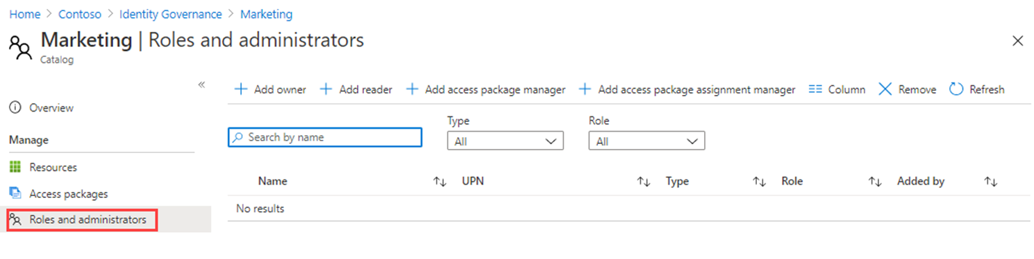 Screenshot of the Roles and administrators page for the Marketing catalog. Pick your catalog owner.
