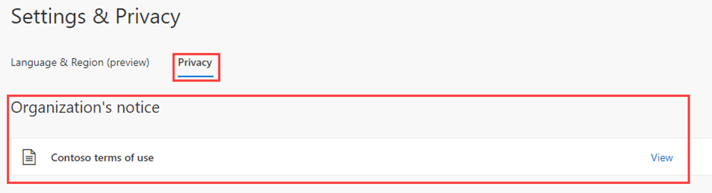Screenshot of the settings and privacy page with organization notice highlighted. The terms of use are enforced.