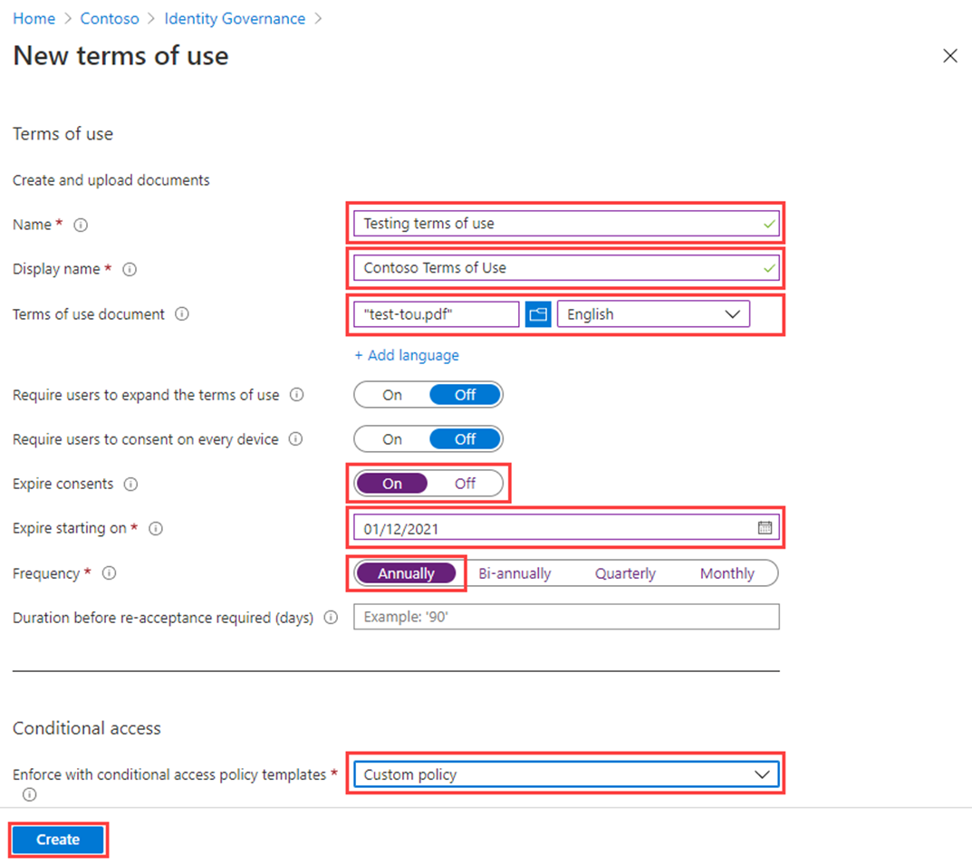 Screenshot of the Expire consents settings to set start date, frequency, and duration.