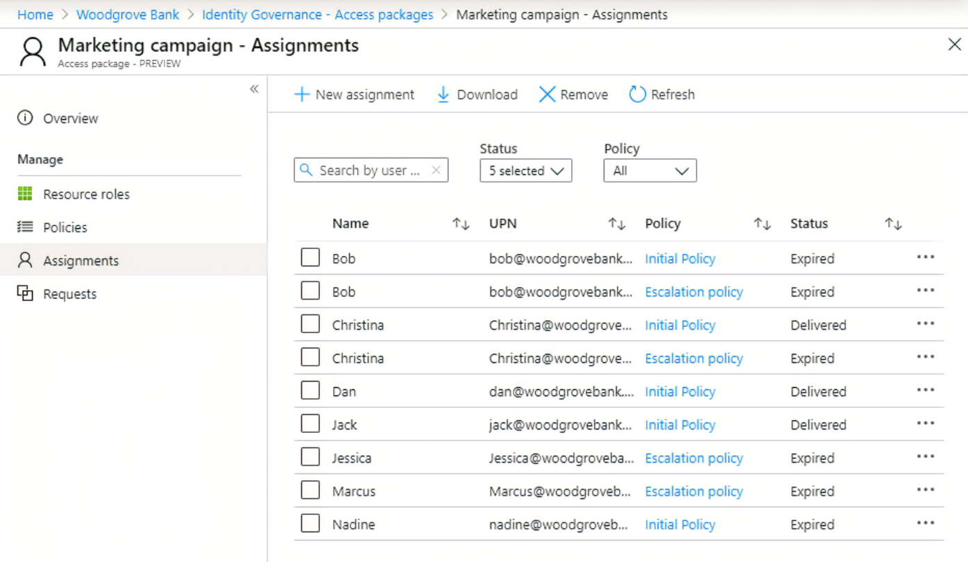 Screenshot of the list of user in the access package, and their usage status of the entitlement.