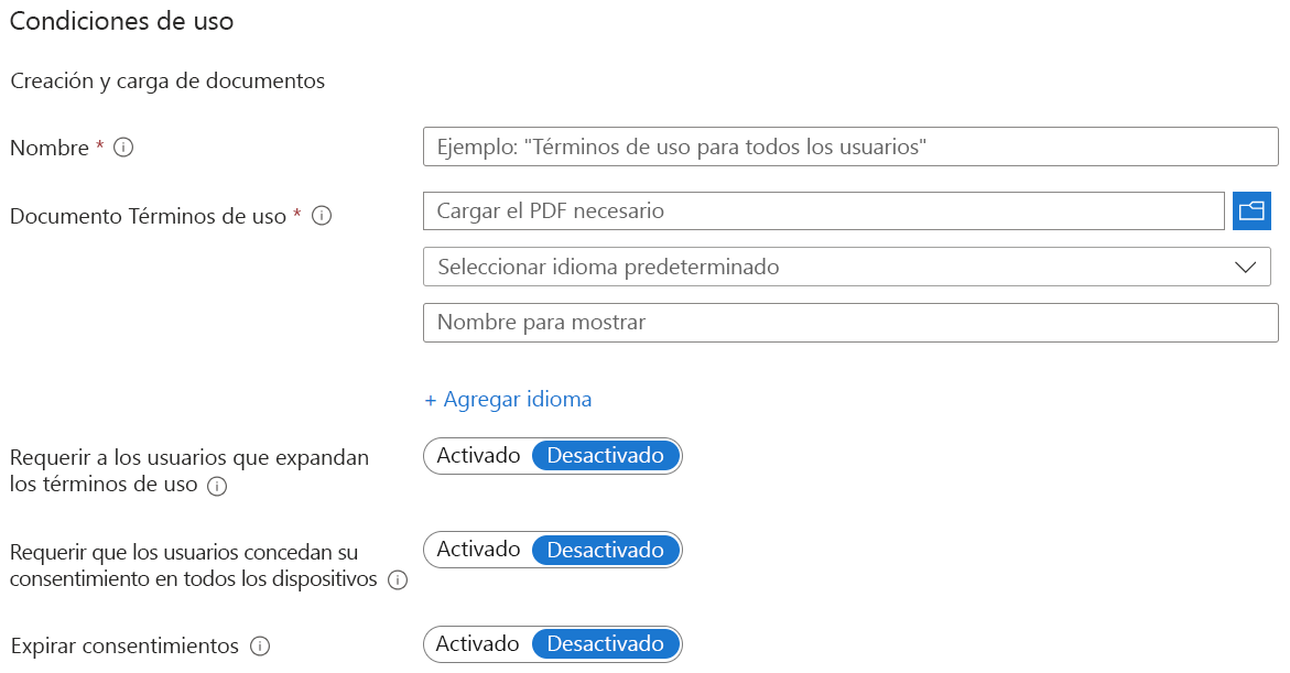 Screenshot of terms of use settings. You can set Name, Display Name, link to a PDF document with the terms, and some settings to ensure the user sees the terms of use.