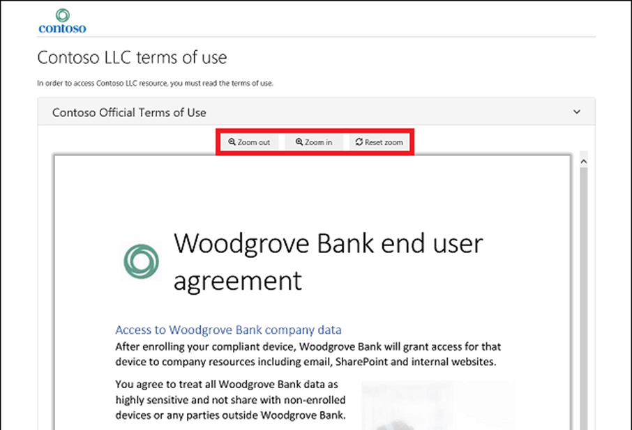 Screenshot of the View of terms of use with zoom buttons, in case the user need more detail in viewing.