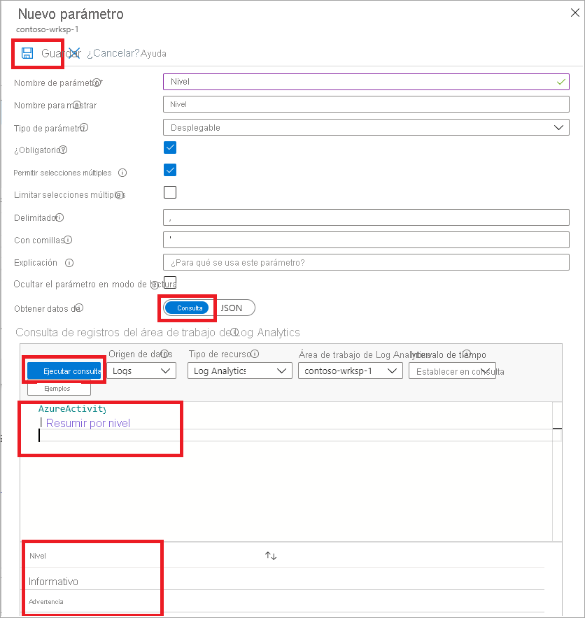 Screenshot of the New Parameter pane, with steps for adding a new parameter. The Save, Query, Run query options and the AzureActivity section are highlighted in the screenshot.