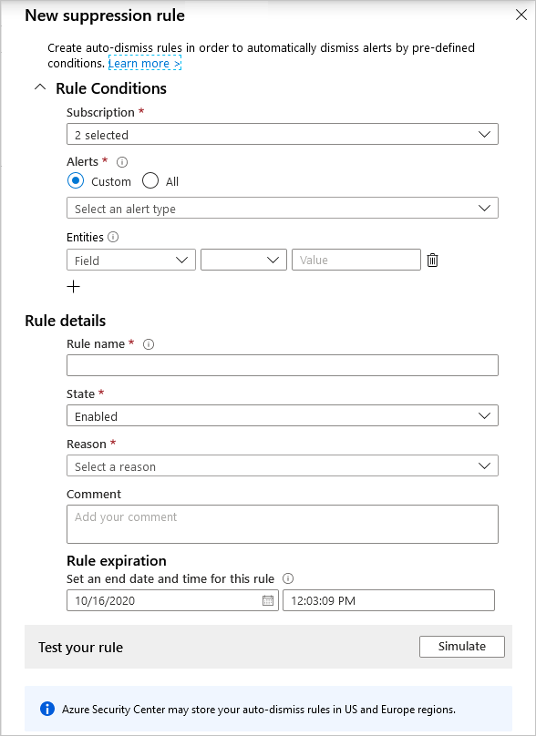 Captura de pantalla del panel de reglas de supresión de alertas nueva de Defender for Cloud.