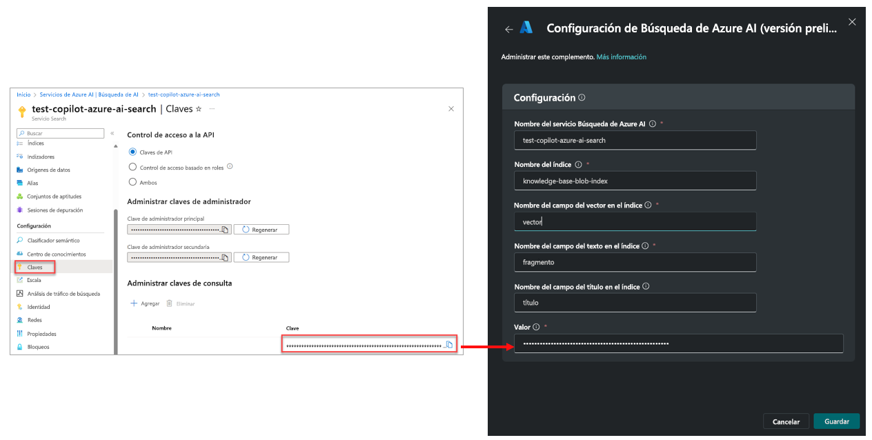 Captura de pantalla de la clave de Azure AI Search que se copia en el campo de valor del complemento.