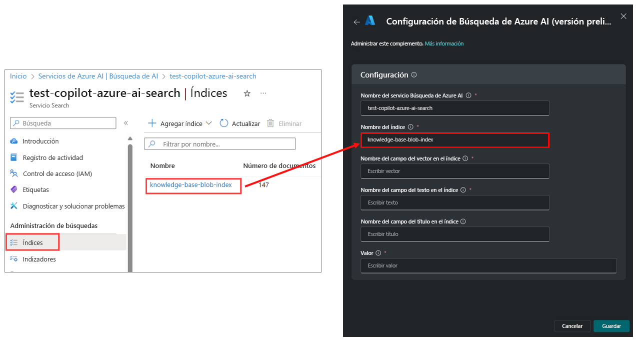 Captura de pantalla del nombre de la instancia de Búsqueda de Azure AI que apunta al campo correspondiente en la ventana parámetros del complemento.