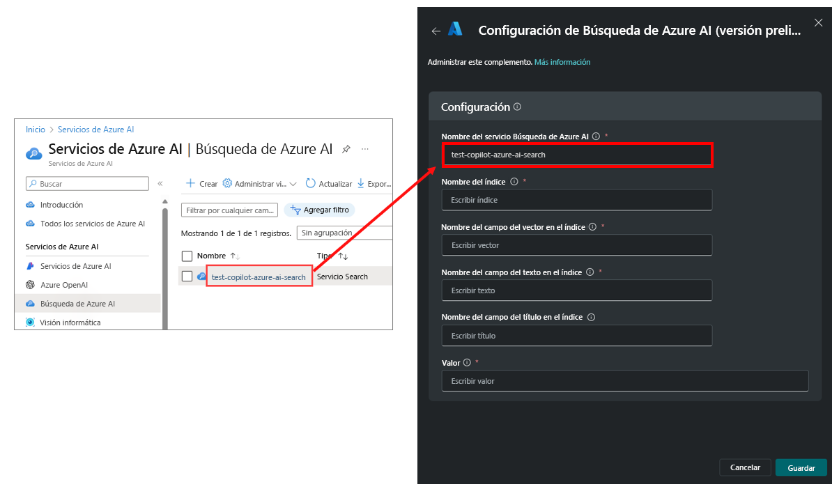 Captura de pantalla en la que se resalta la instancia de búsqueda cuyo nombre se copia en el campo de la instancia de Búsqueda de Azure AI para el complemento.