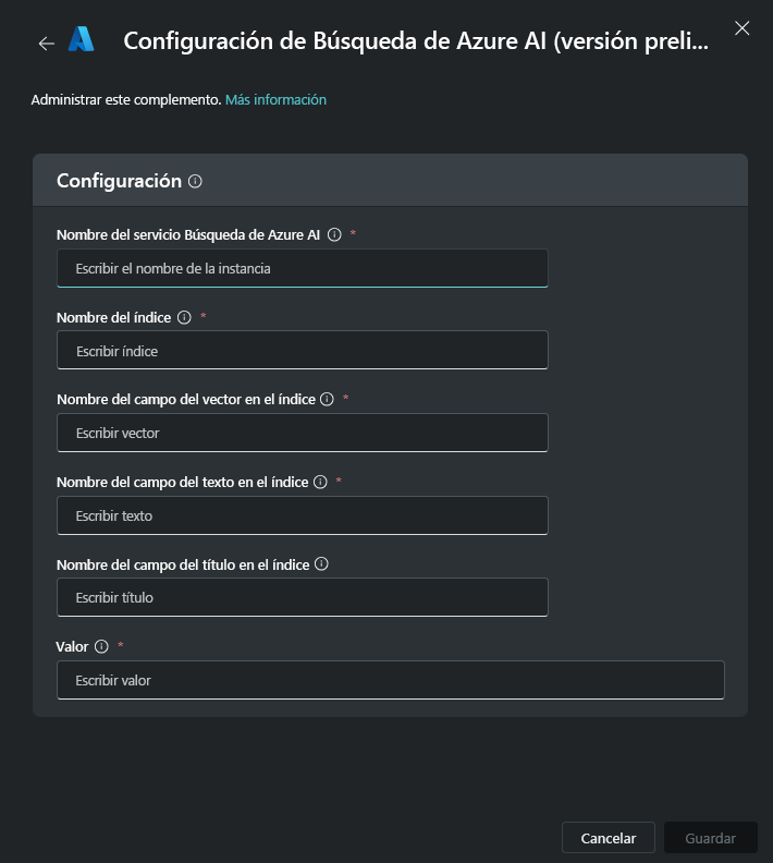Captura de pantalla de los parámetros del complemento Búsqueda de Azure AI.