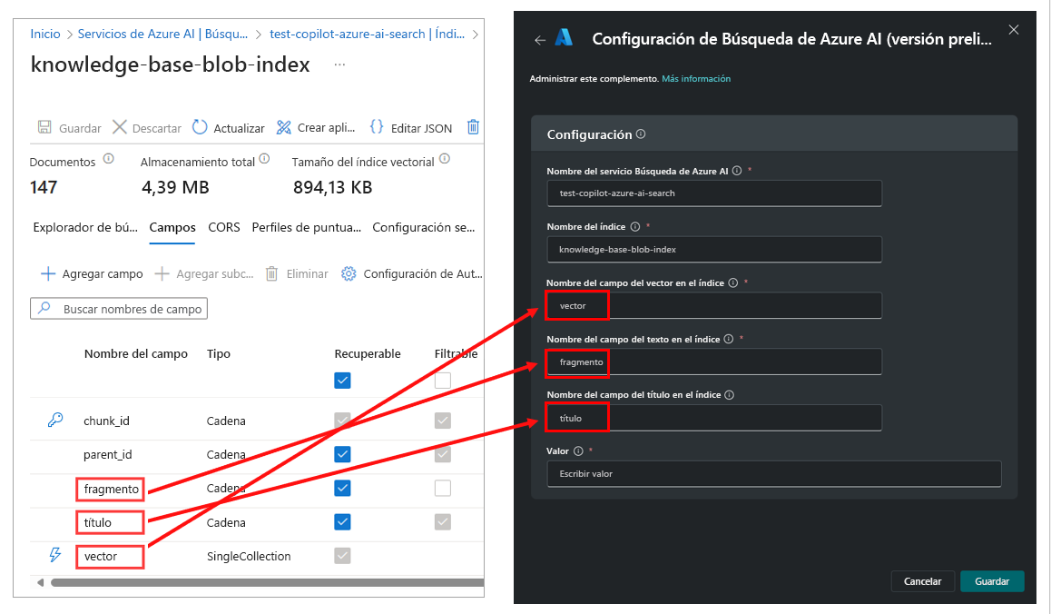 Captura de pantalla de los nombres de campo de índice de Búsqueda de Azure AI que apuntan a los campos correspondientes en la ventana de parámetros del complemento.