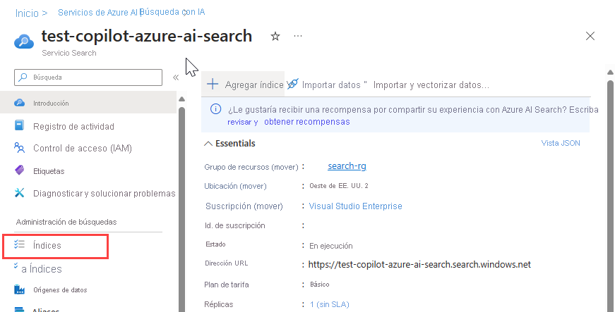 Captura de pantalla que resalta la opción índices en la página de la instancia de búsqueda de Azure AI.
