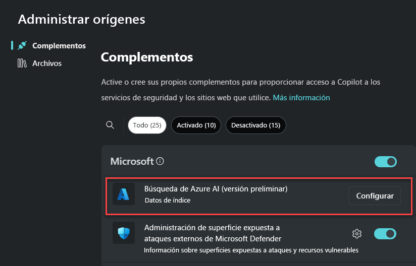 Captura de pantalla del complemento Búsqueda de Azure AI.