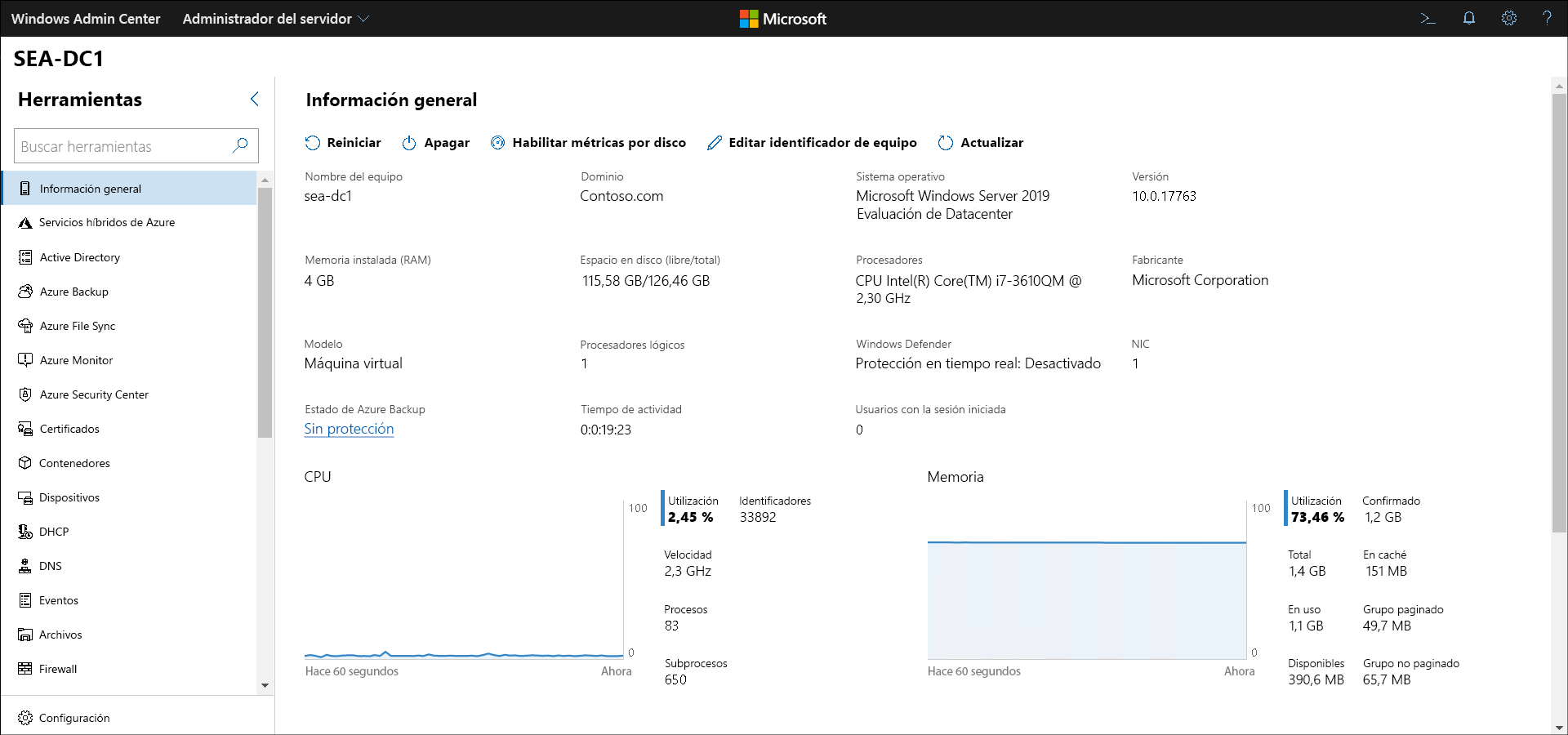 A screenshot of Windows Admin Center. The administrator has selected Server Manager. The Overview pane for a server called SEA-DC1 is displayed.