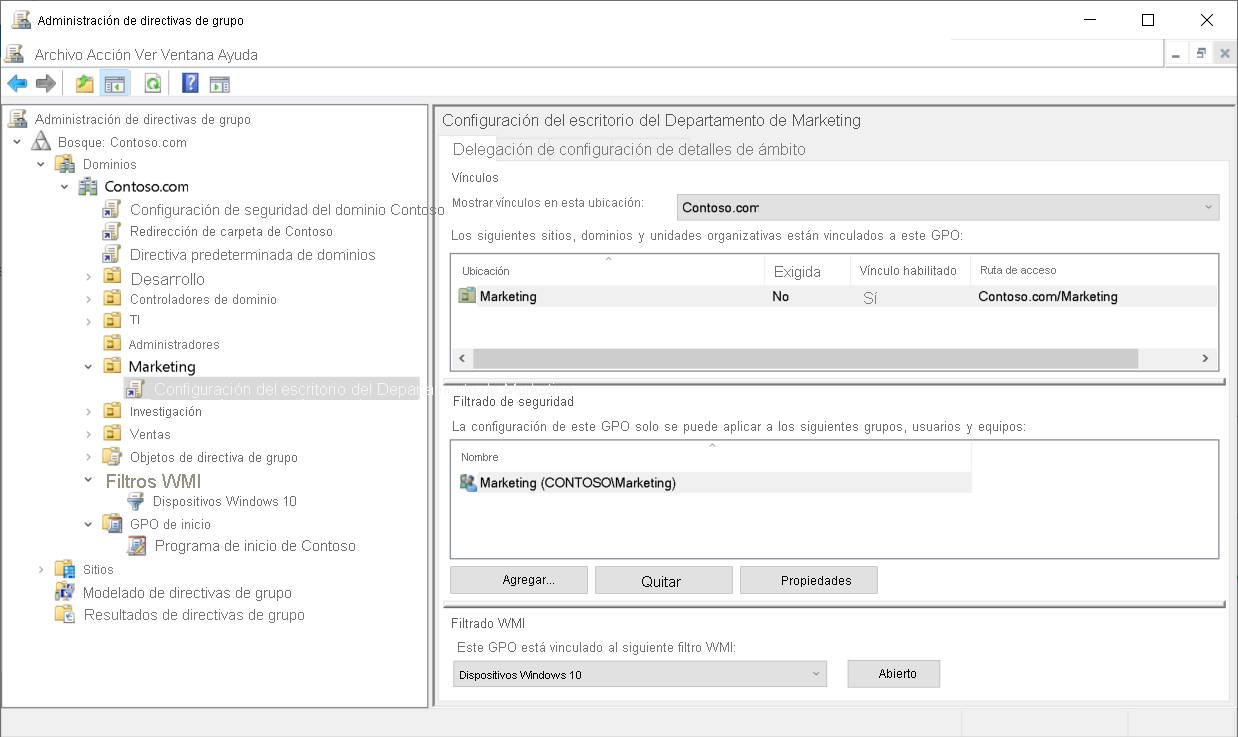 Captura de pantalla de la consola de administración de directivas de grupo. El administrador ha seleccionado un GPO vinculado a la unidad organizativa marketing. En el panel de detalles se muestra un filtro WMI denominado Dispositivos Windows 10 y un filtro de seguridad establecido en el grupo Marketing.