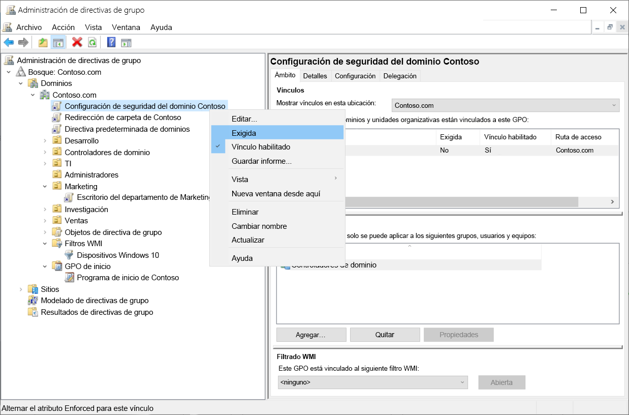 Captura de pantalla del menú contextual de GPO de configuración de seguridad de dominio de Contoso en la consola de administración de directivas de grupo. El administrador ha seleccionado Aplicado.
