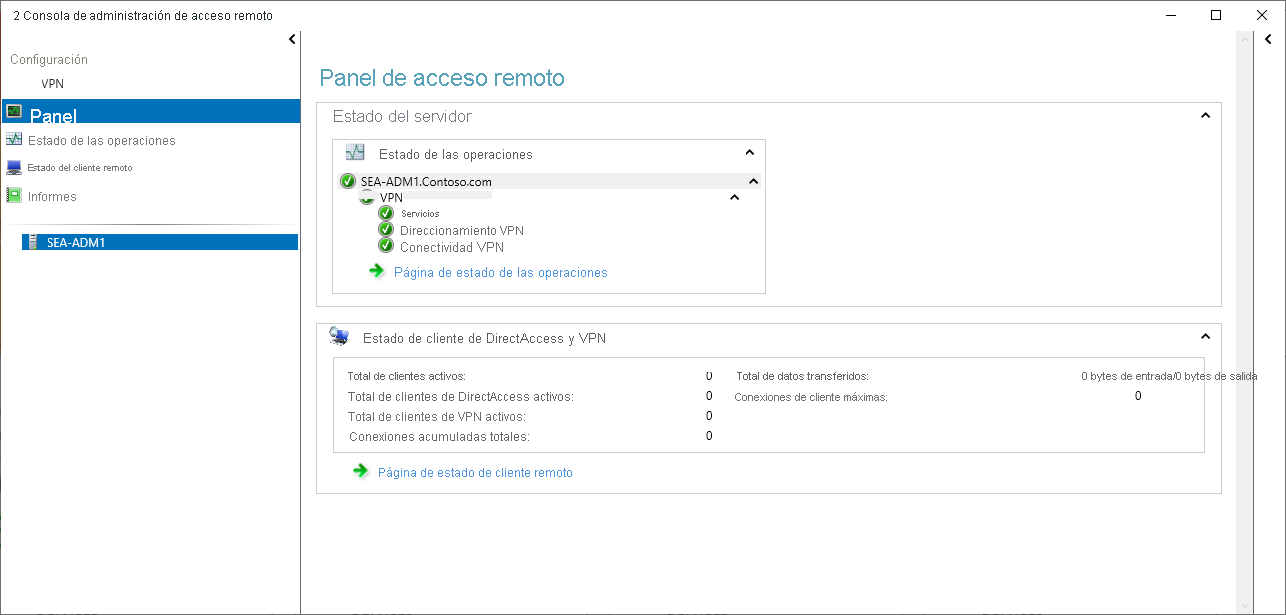 Captura de pantalla de la consola de administración de acceso remoto. El panel está seleccionado.