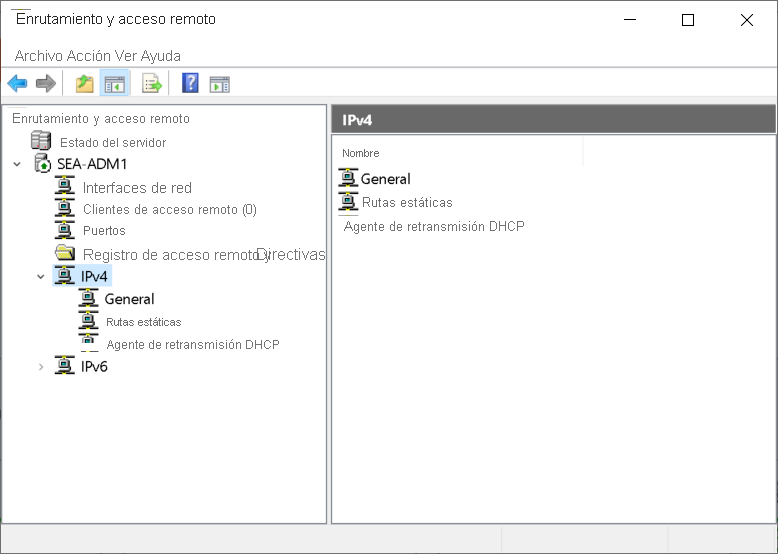 Captura de pantalla de la consola de enrutamiento y acceso remoto. SEA-ADM1 está configurado como servidor VPN.