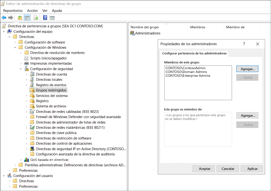 A screenshot of the Group Policy Management Editor. The administrator has navigated to Computer Configuration, Policies, Windows Settings, Security Settings, Restricted Groups. The administrator has added a group called Administrators, and added as members Domain Admins, Enterprise Admins, and ContosoAdmin.