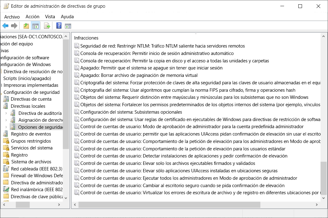A screenshot of the Security Options node in Group Policy Management Editor. The User Account Control values are displayed.
