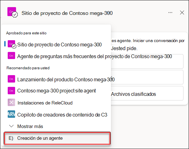 Captura de pantalla de un panel de chat de Copilot que muestra el menú desplegable junto al agente actual con la opción Crear un agente resaltada.
