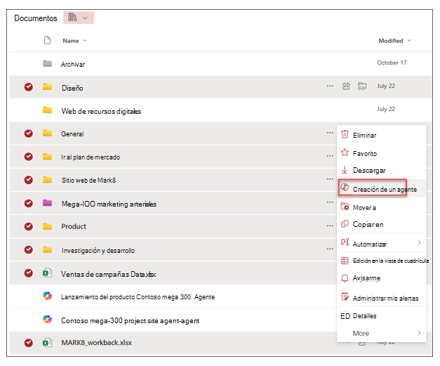 Captura de pantalla de una biblioteca de documentos de SharePoint con el menú desplegable de los archivos seleccionados que muestra la opción Crear un agente resaltada.