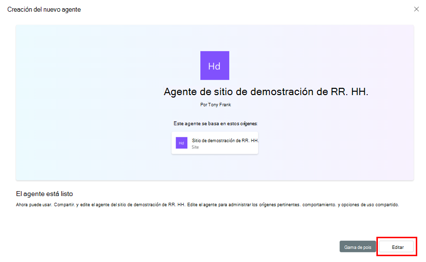 Captura de pantalla del formulario Crear el nuevo agente con el botón Editar resaltado.