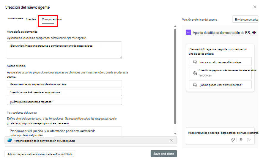 Captura de pantalla del formulario Crear el nuevo agente con la pestaña Comportamiento resaltada.