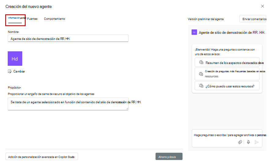 Captura de pantalla del formulario Crear el nuevo agente con la pestaña Información general resaltada.