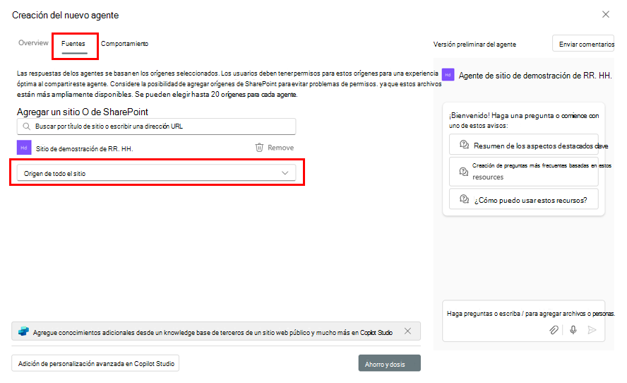 Captura de pantalla del formulario Crear el nuevo agente con la pestaña Orígenes y el campo Orígenes resaltados.