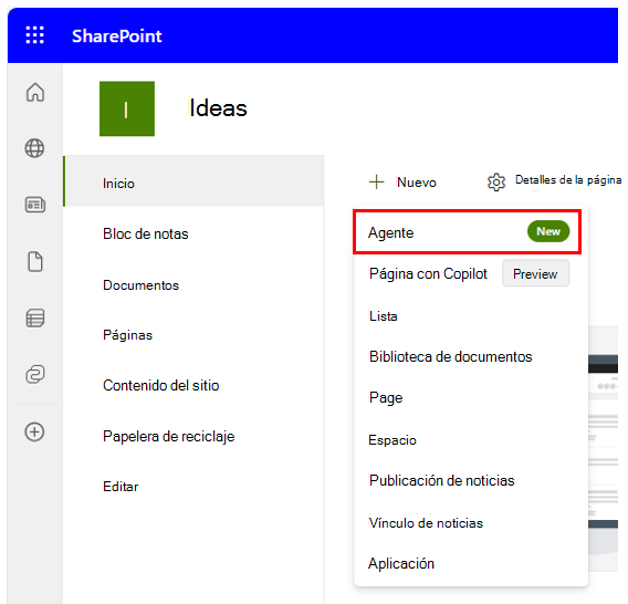 Captura de pantalla de un sitio de SharePoint con el menú desplegable Nuevo que muestra la opción Copilot resaltada.