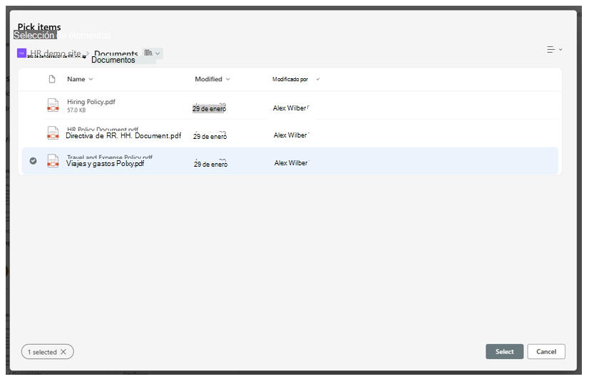 Captura de pantalla del formulario Seleccionar elementos para la biblioteca de documentos del sitio de SharePoint. Se selecciona uno de los archivos.