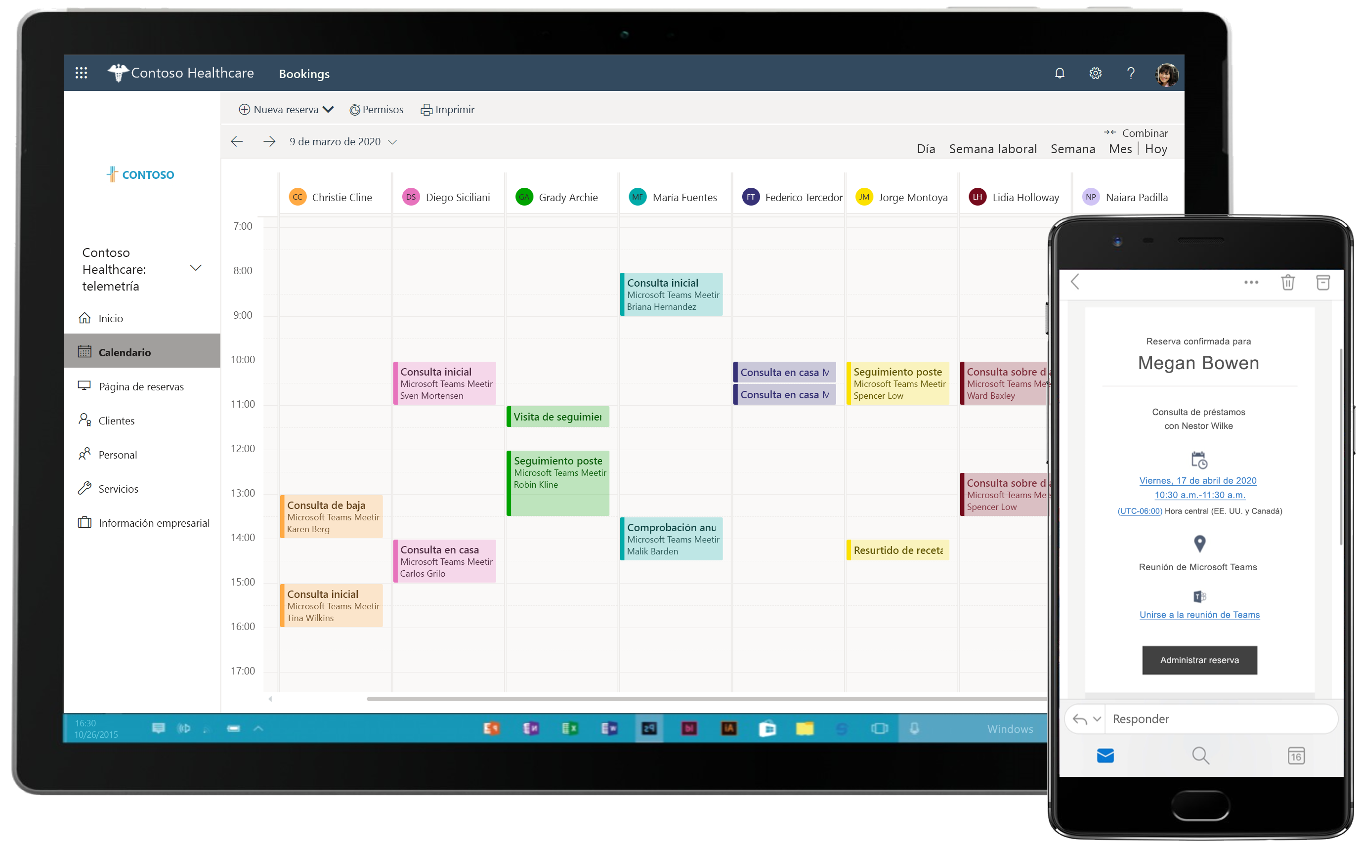 Captura de pantalla que muestra el calendario dentro de la herramienta de administración del trabajo de Bookings y la capacidad de acceder a él en varios dispositivos.