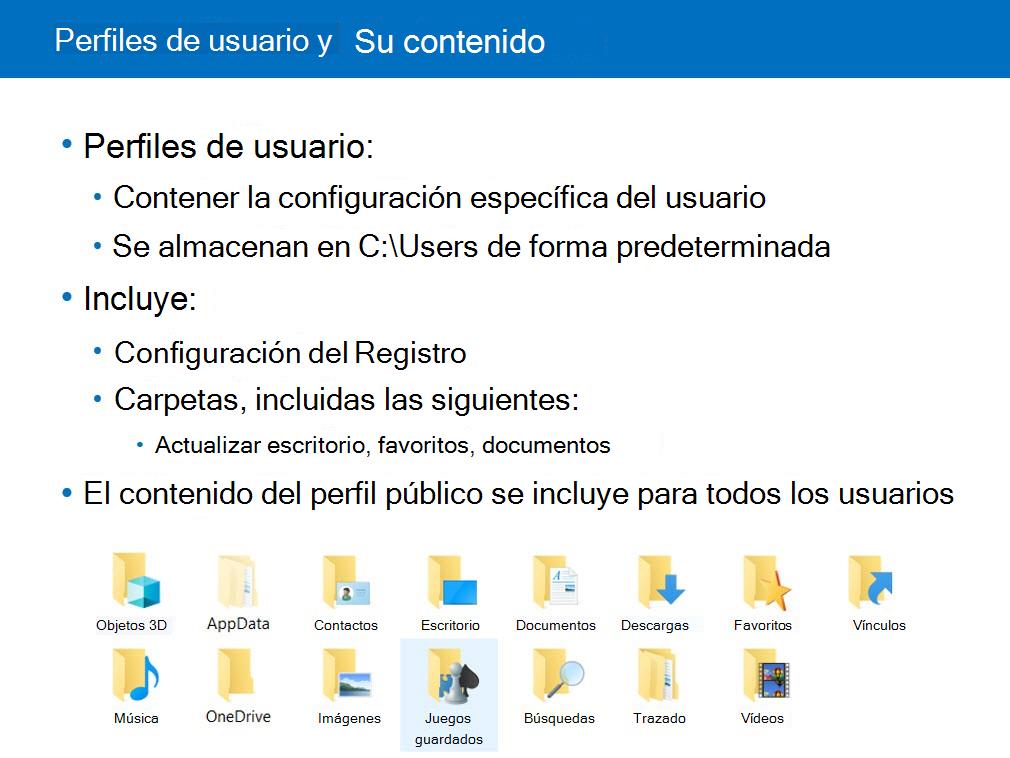 Captura de pantalla que muestra los objetos de perfil de usuario.