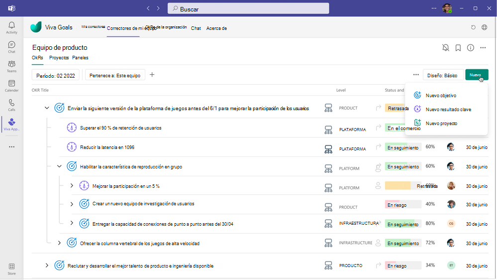 Captura de pantalla de la integración entre los objetivos de Viva y Microsoft Teams.