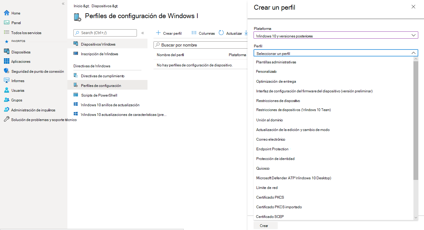 En esta captura de pantalla se muestra la pantalla Perfiles de configuración después de seleccionar el botón Crear perfil. Se ha seleccionado la plataforma Windows 10 y posterior y ahora solicita un perfil, con varias opciones enumeradas: las opciones enumeradas incluyen plantillas administrativas, personalizadas, optimización de entrega, configuración de firmware del dispositivo, restricciones de dispositivos, unión al dominio, actualización y cambio de edición, etc.