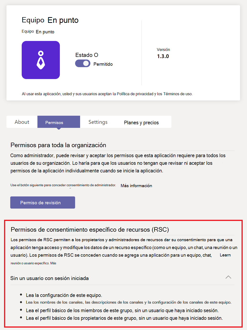  Captura de pantalla de los permisos de RSC para una aplicación.